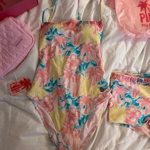 Pink Palm Puff Swimsuit Size: M Color: sherbet swirl